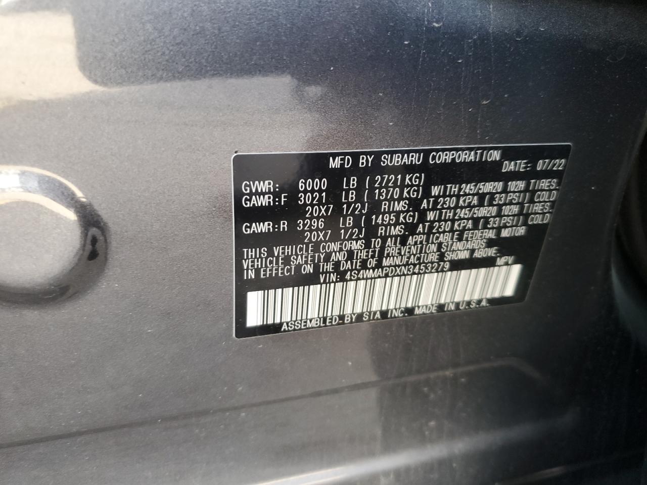2022 SUBARU ASCENT LIMITED VIN:4S4WMAPDXN3453279