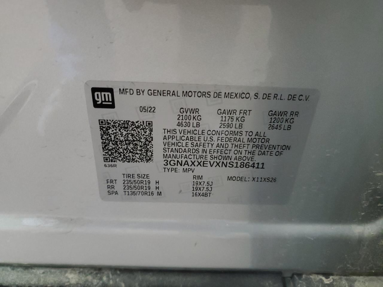 2022 CHEVROLET EQUINOX PREMIER VIN:3GNAXXEVXNS186411