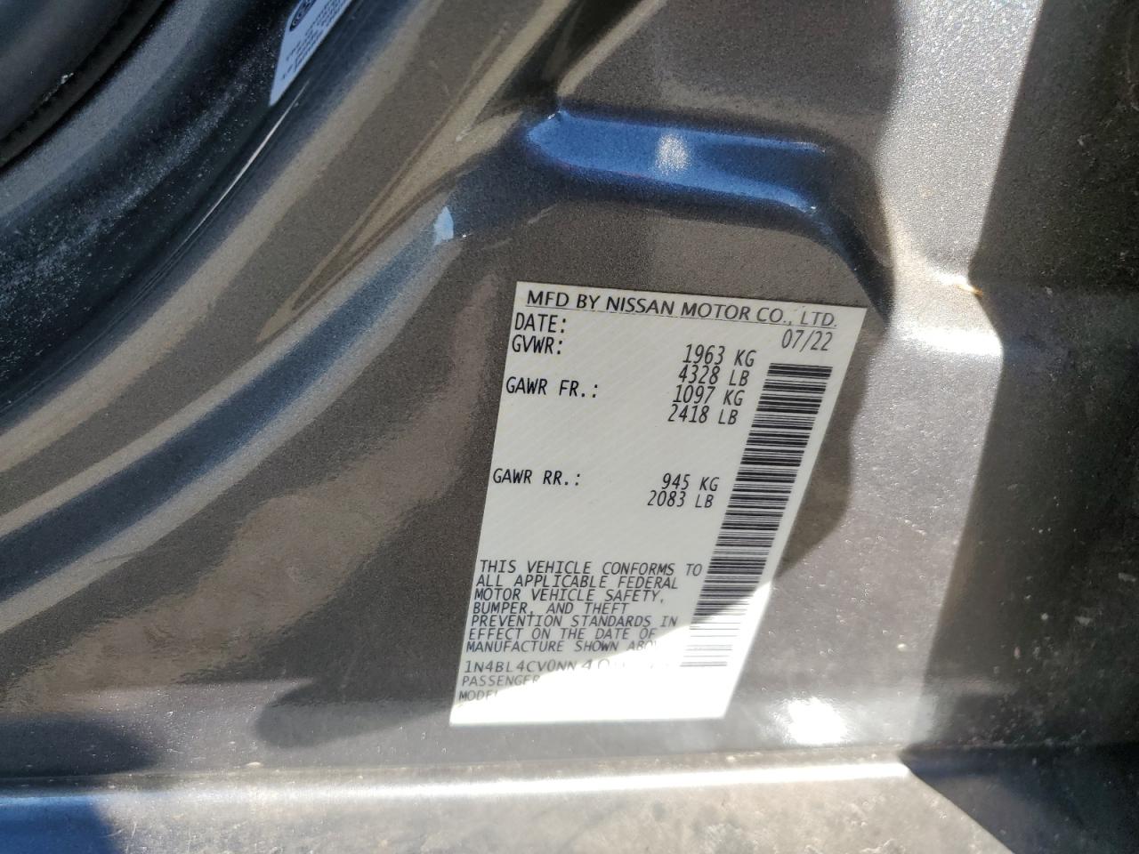 2022 NISSAN ALTIMA SR VIN:1N4BL4CV0NN409548