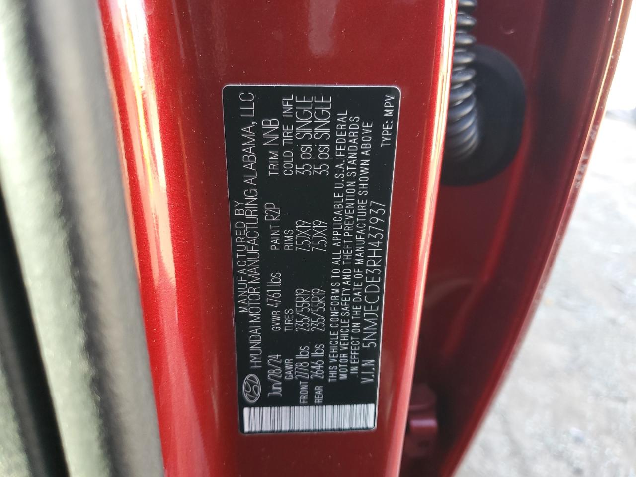 2024 HYUNDAI TUCSON LIMITED VIN:5NMJECDE3RH437937