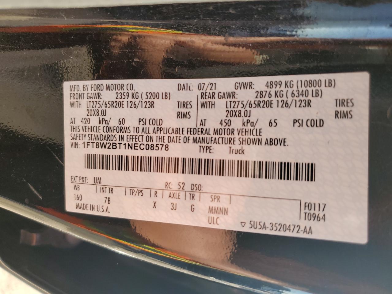 2022 FORD F250 SUPER DUTY VIN:1FT8W2BT1NEC08578