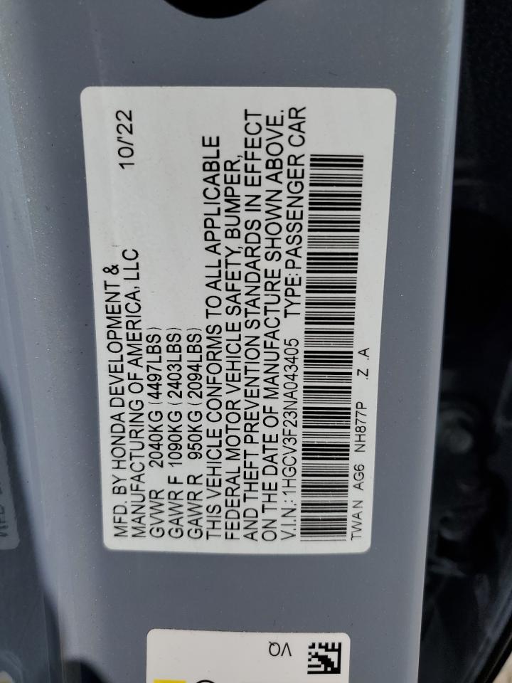 2022 HONDA ACCORD HYBRID SPORT VIN:1HGCV3F23NA043405