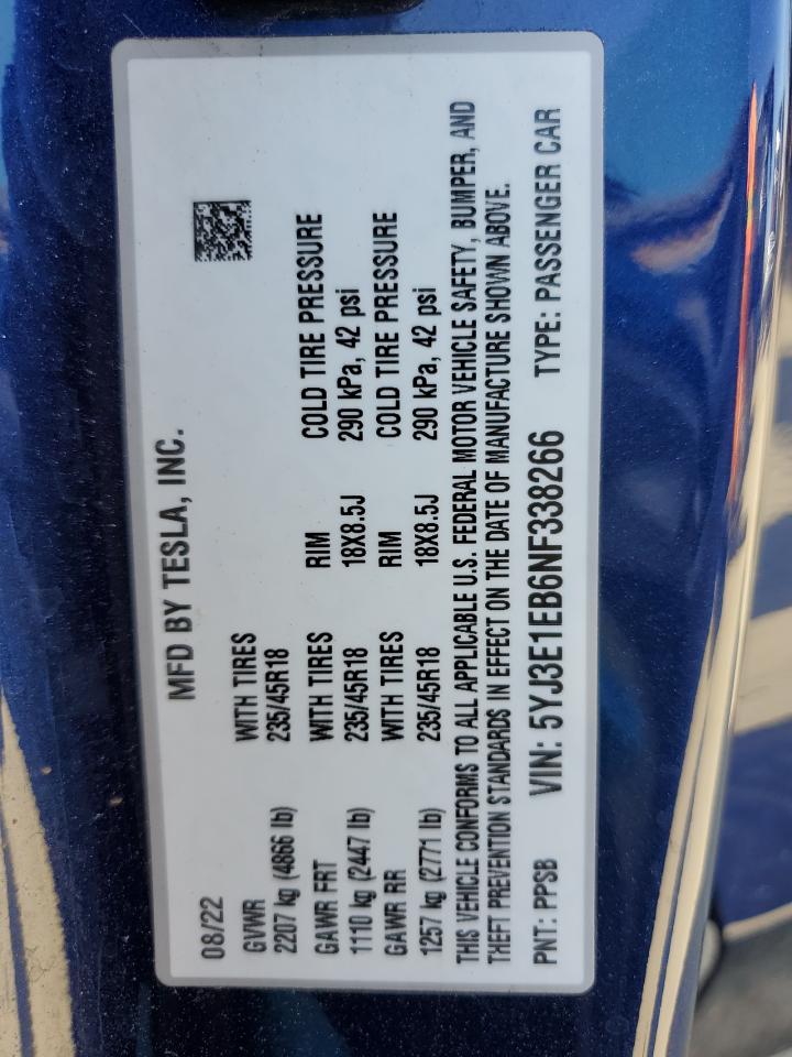2022 TESLA MODEL 3 VIN:5YJ3E1EB6NF338266
