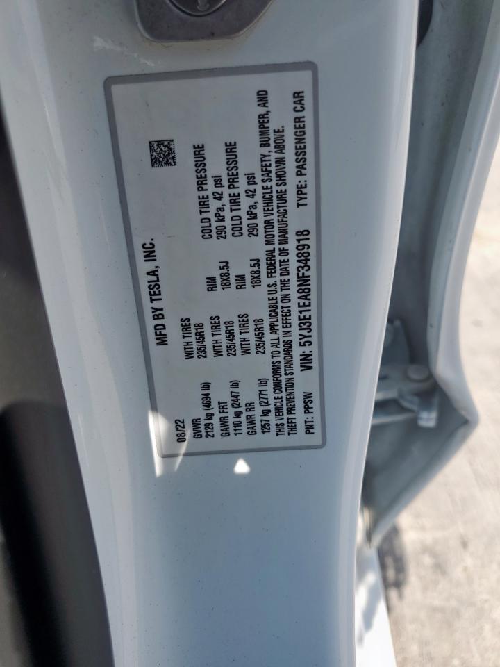 2022 TESLA MODEL 3 VIN:5YJ3E1EA8NF348918