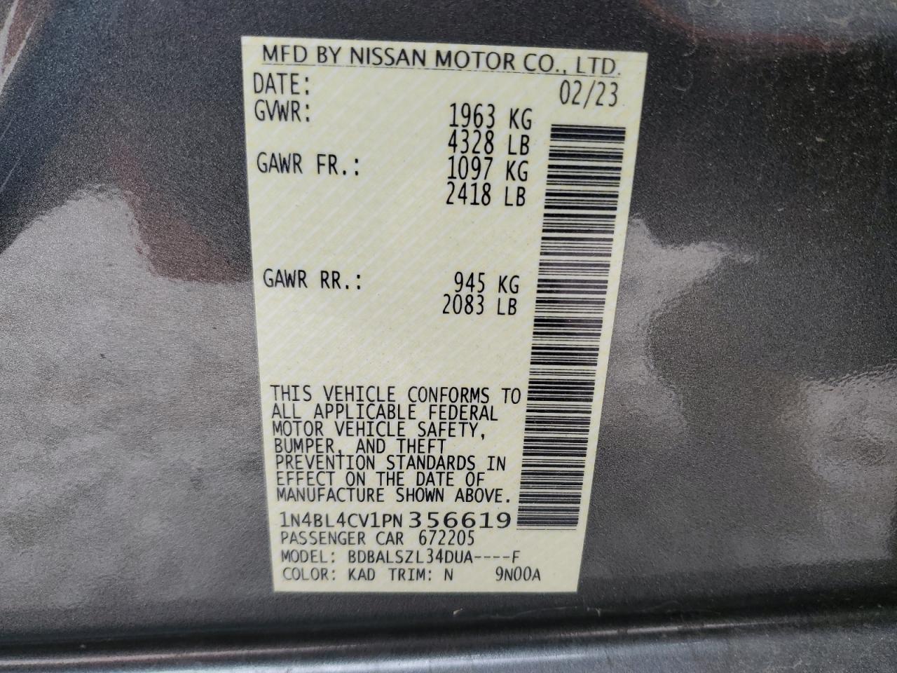 2023 NISSAN ALTIMA SR VIN:1N4BL4CV1PN356619