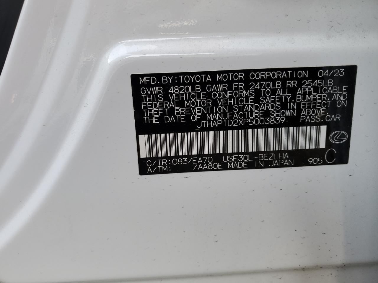 2023 LEXUS IS 500 F SPORT VIN:JTHAP1D2XP5003839