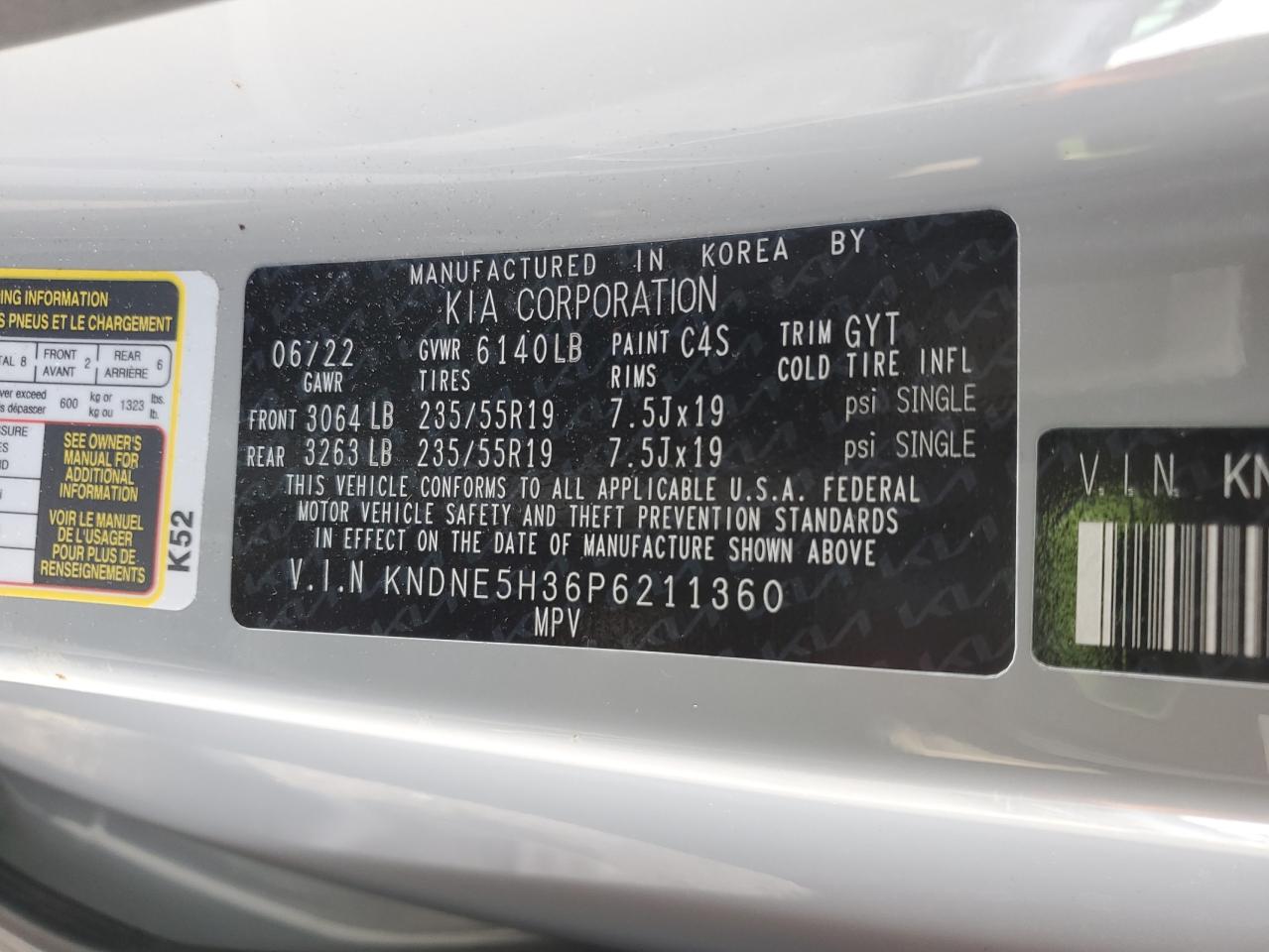 2023 KIA CARNIVAL SX VIN:KNDNE5H36P6211360