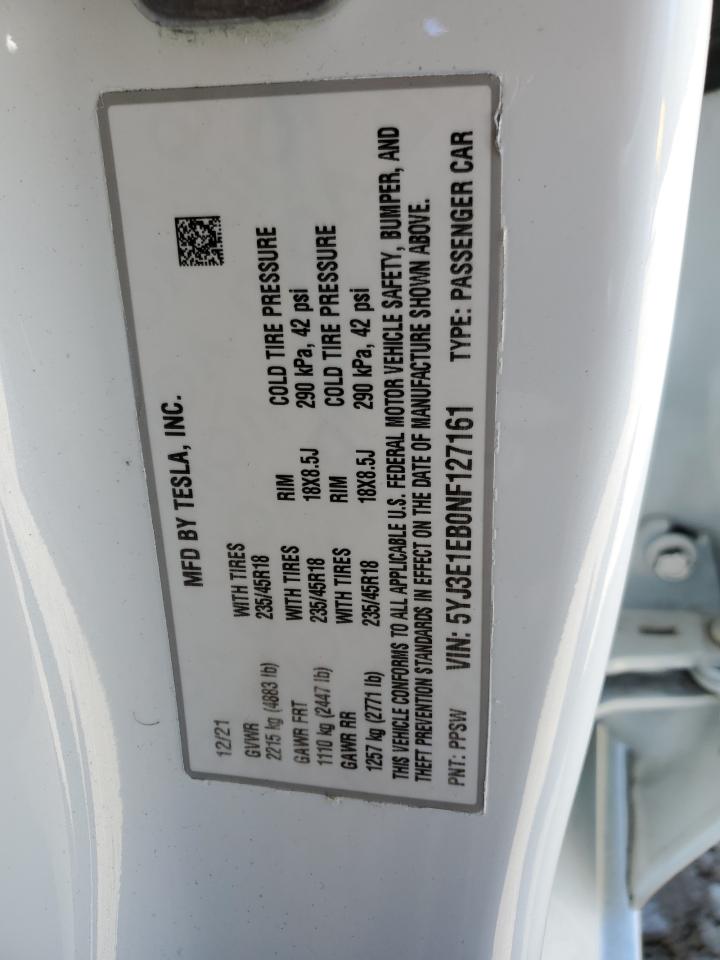 2022 TESLA MODEL 3 VIN:5YJ3E1EB0NF127161