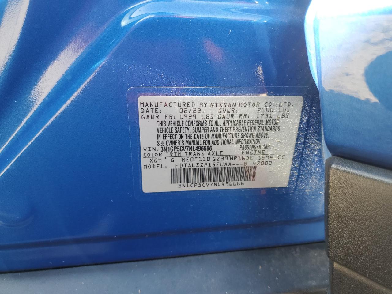 2022 NISSAN KICKS SV VIN:3N1CP5CV7NL496666