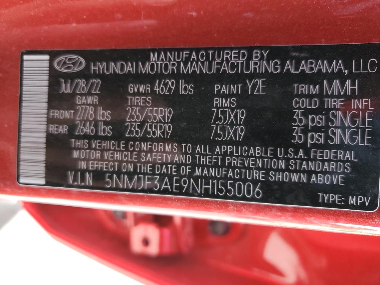 2022 HYUNDAI TUCSON SEL VIN:5NMJF3AE9NH155006