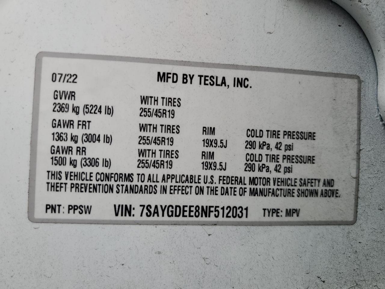 2022 TESLA MODEL Y VIN:7SAYGDEE8NF512031