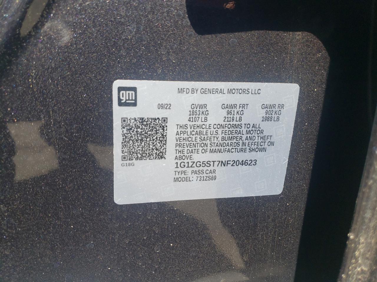 2022 CHEVROLET MALIBU RS VIN:1G1ZG5ST7NF204623