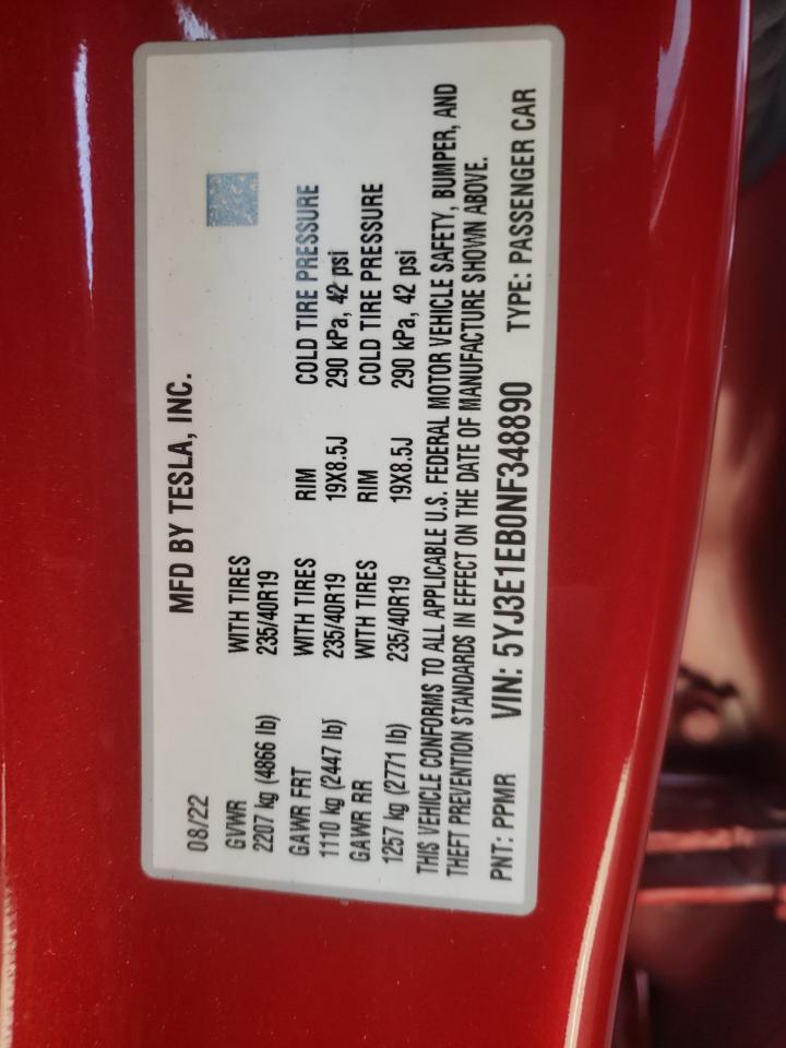 2022 TESLA MODEL 3 VIN:5YJ3E1EB0NF348890