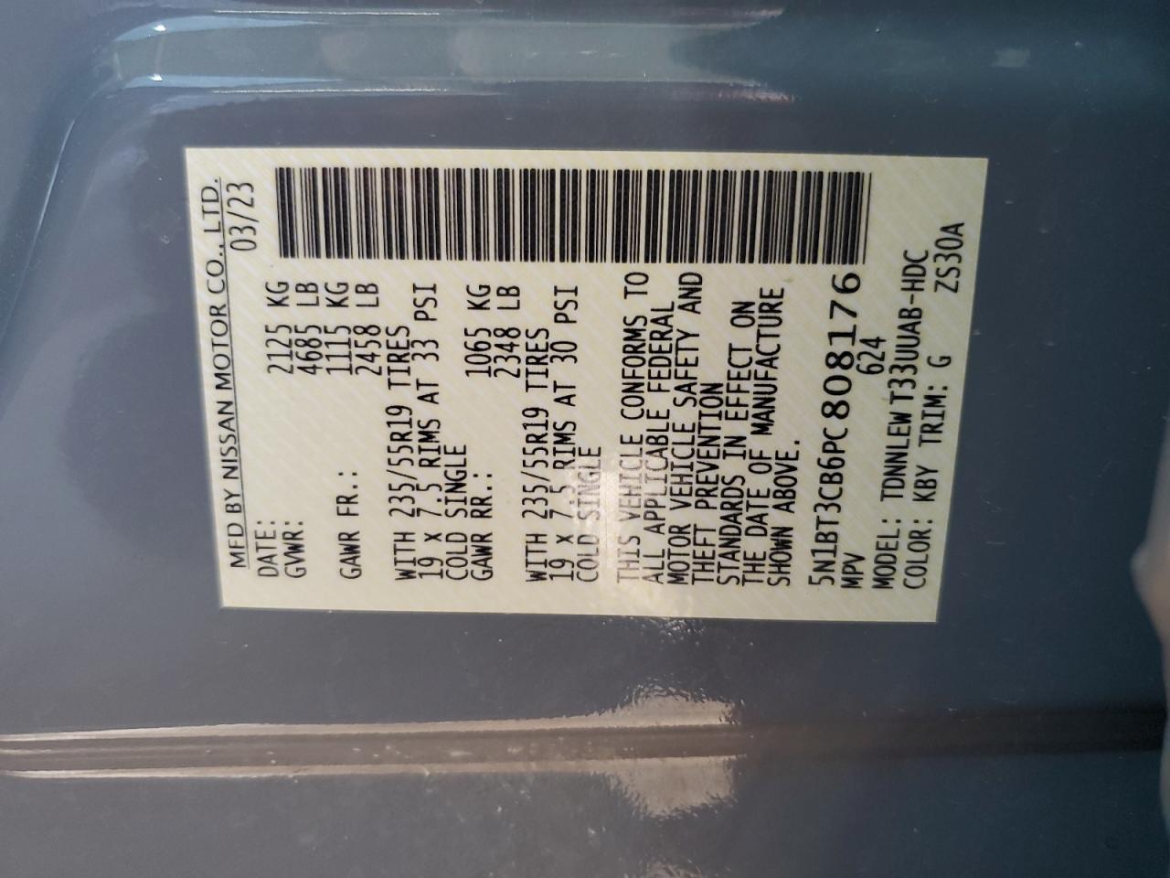 2023 NISSAN ROGUE SL VIN:5N1BT3CB6PC808176