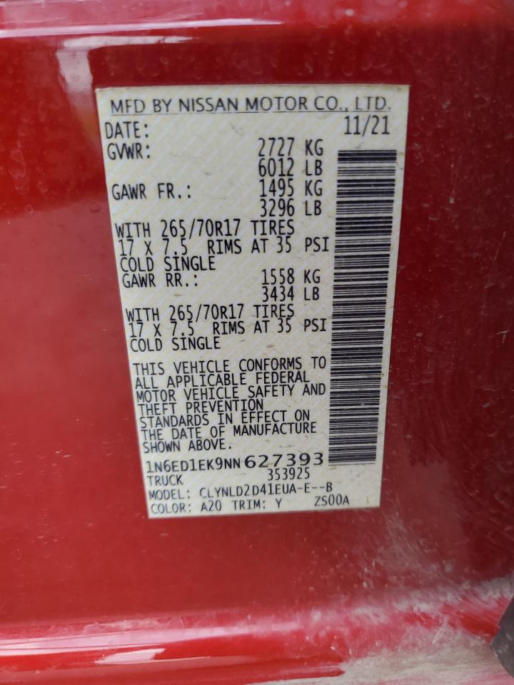 2022 NISSAN FRONTIER S VIN:1N6ED1EK9NN627393