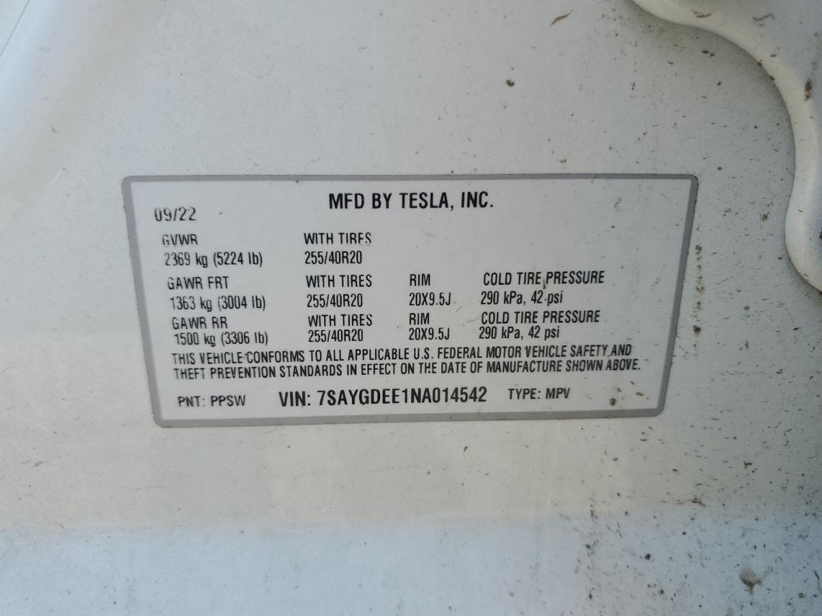 2022 TESLA MODEL Y VIN:WP0AA2A8XNS255297