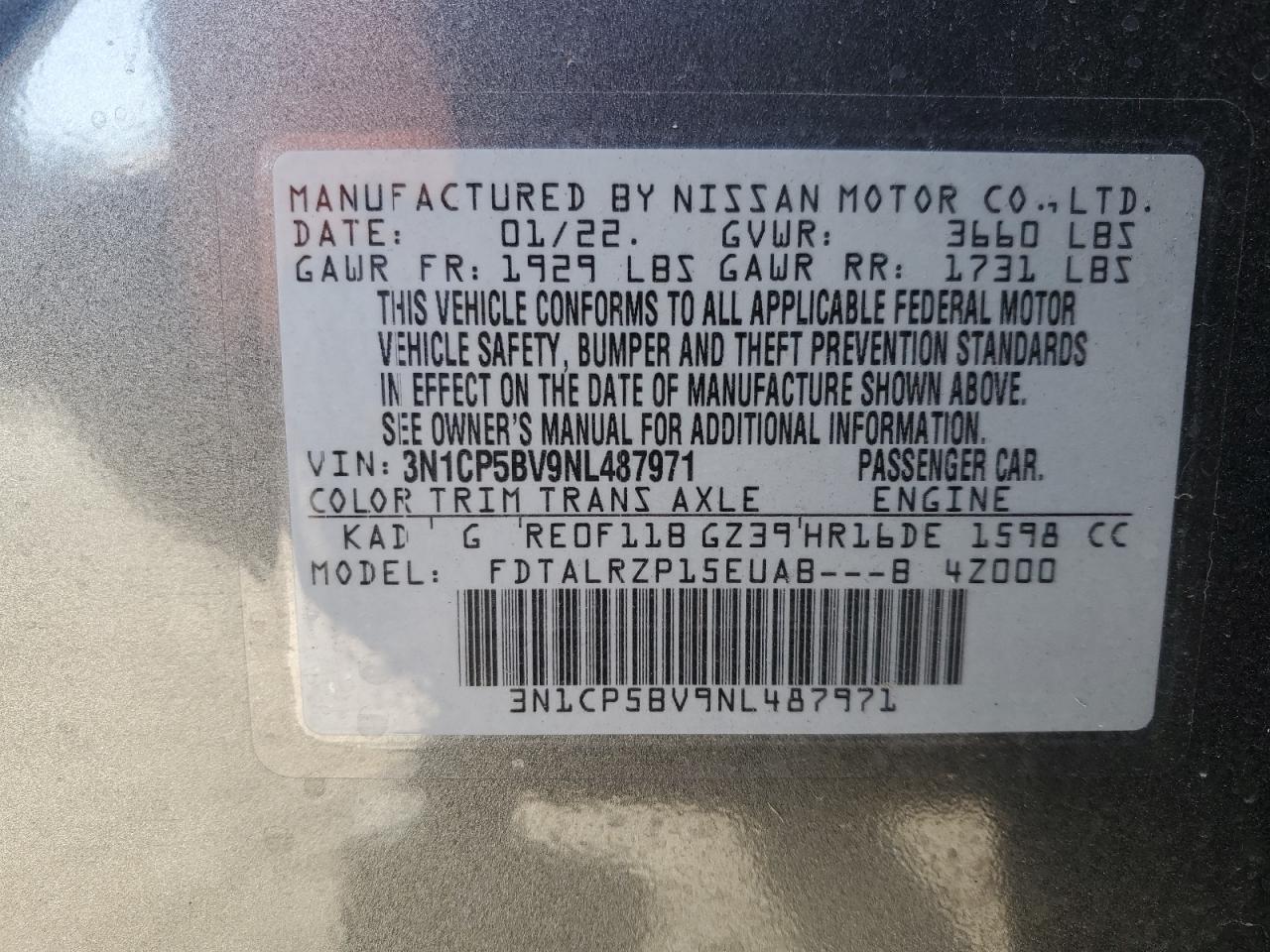 2022 NISSAN KICKS S VIN:3N1CP5BV9NL487971