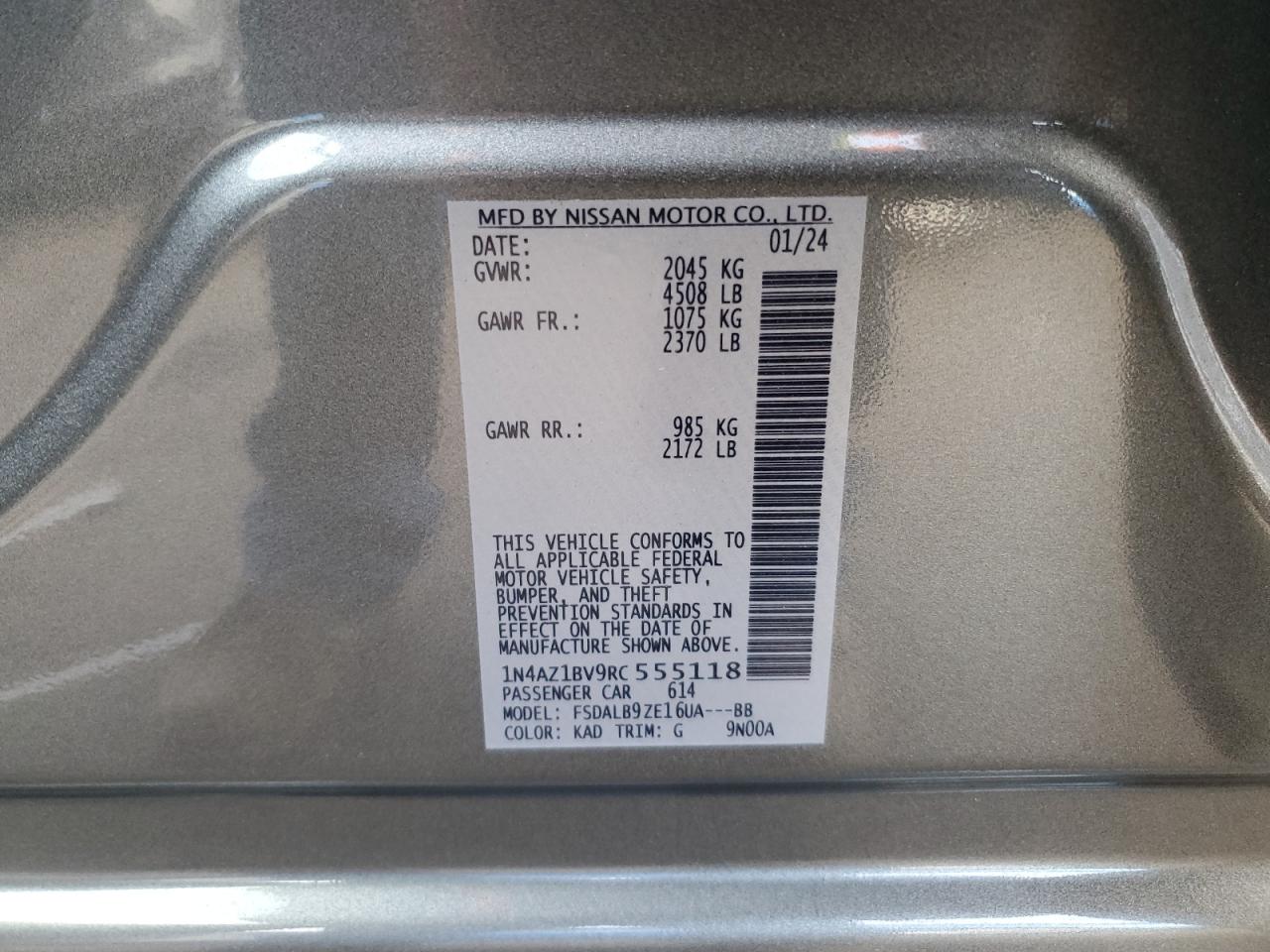 2024 NISSAN LEAF S VIN:1N4AZ1BV9RC555118