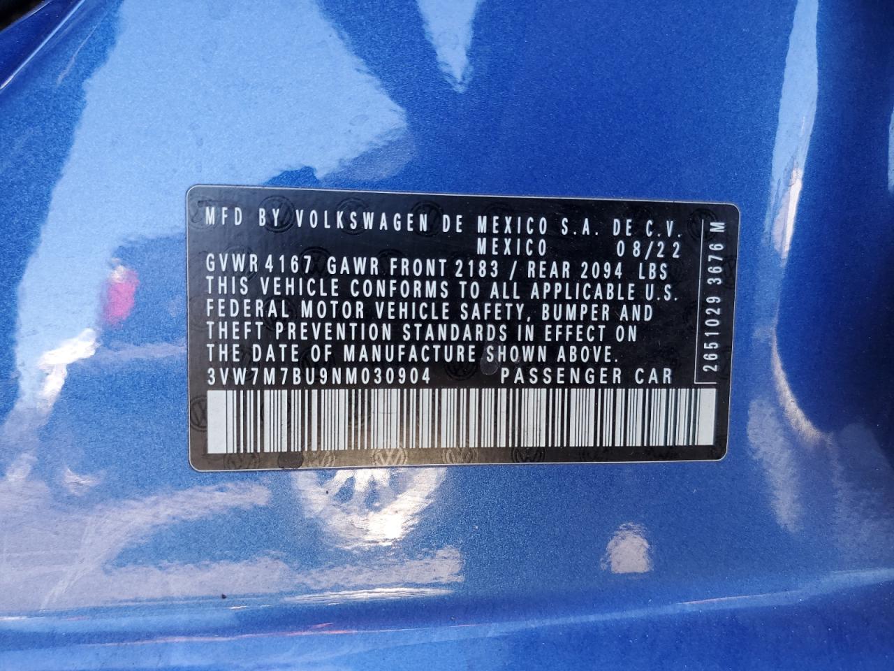 2022 VOLKSWAGEN JETTA SE VIN:3VW7M7BU9NM030904