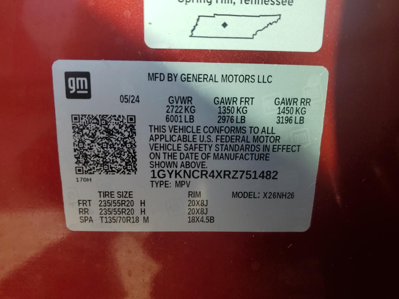 2024 CADILLAC XT5 PREMIUM LUXURY VIN:1GYKNCR4XRZ751482