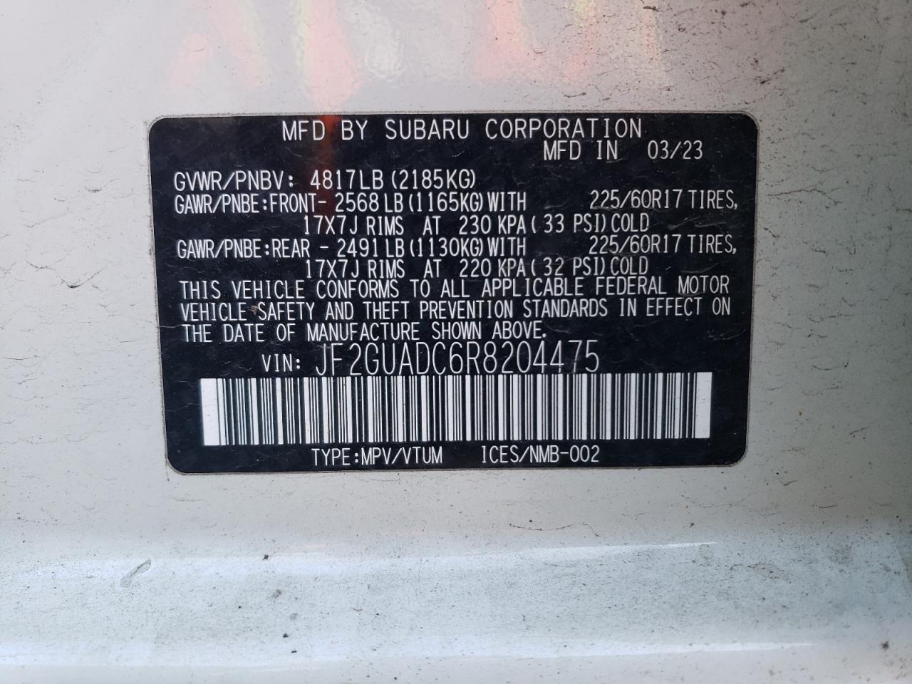 2024 SUBARU CROSSTREK PREMIUM VIN:JF2GUADC6R8204475