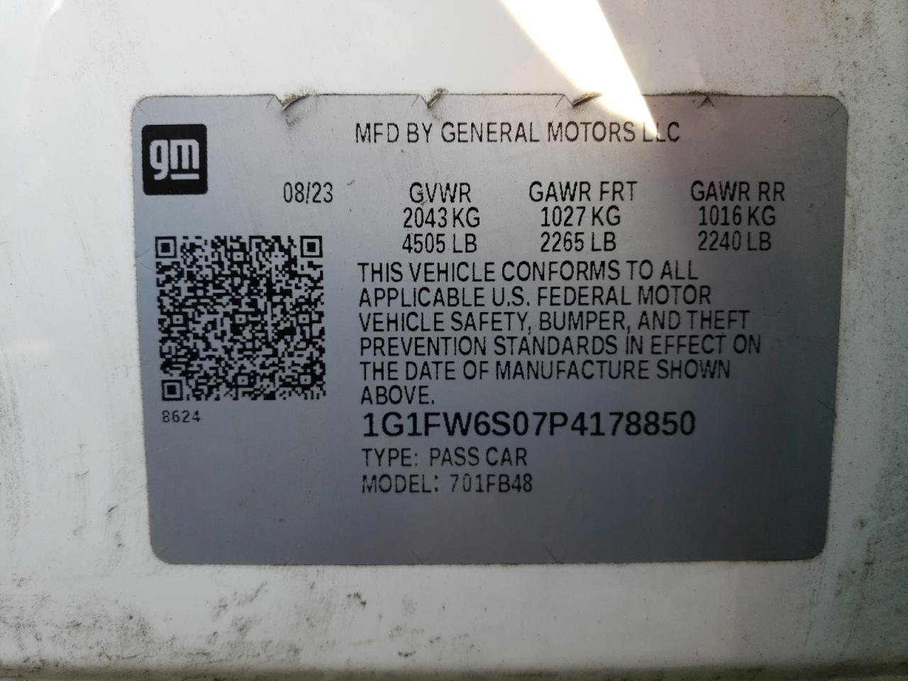 2023 CHEVROLET BOLT EV 1LT VIN:1G1FW6S07P4178850