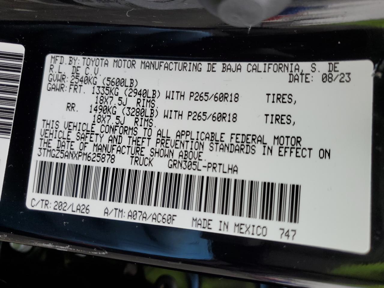 2023 TOYOTA TACOMA DOUBLE CAB VIN:3TMGZ5ANXPM625878