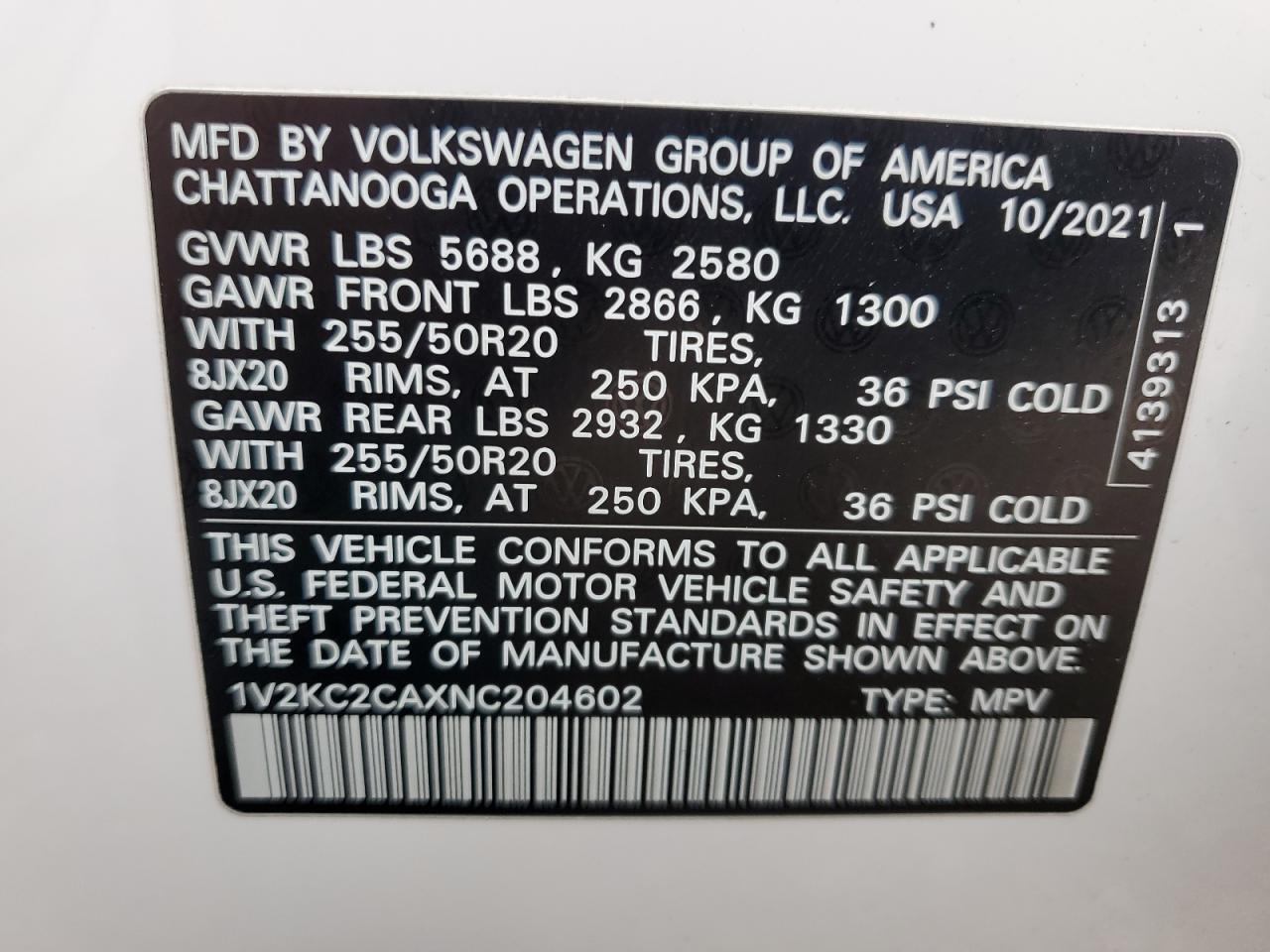 2022 VOLKSWAGEN ATLAS CROSS SPORT SE VIN:1V2KC2CAXNC204602