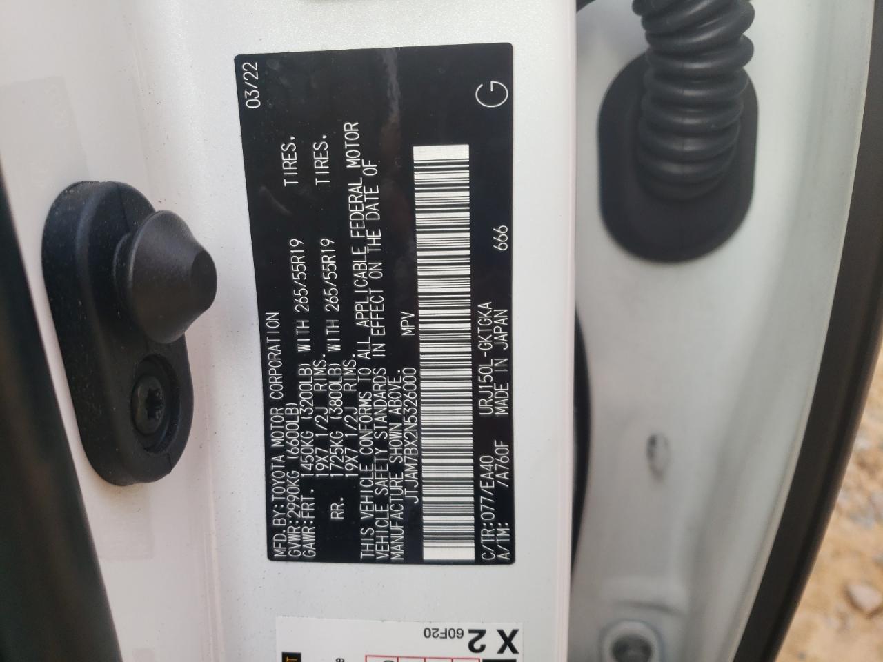 2022 LEXUS GX 460 VIN:JTJAM7BX2N5326000