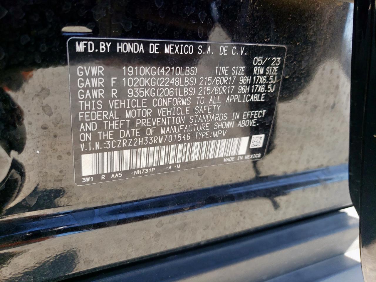 2024 HONDA HR-V LX VIN:3CZRZ2H33RM701546