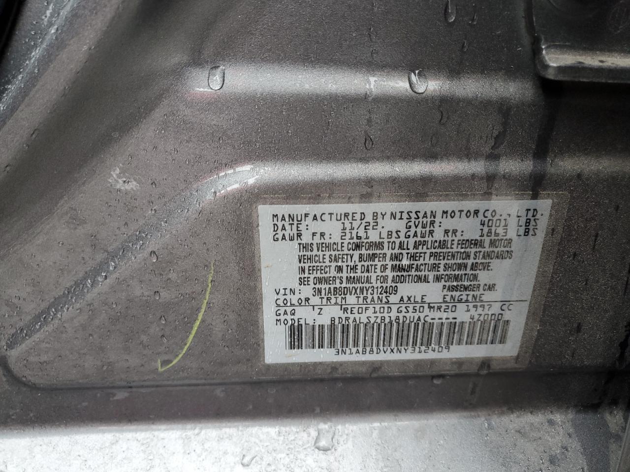 2022 NISSAN SENTRA SR VIN:3N1AB8DVXNY312409