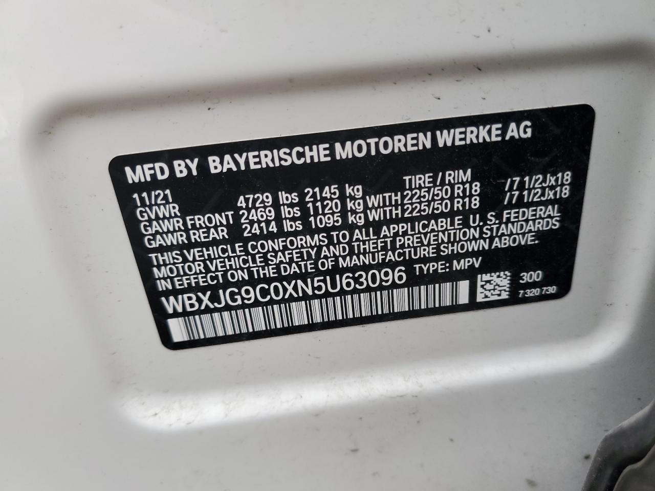 2022 BMW X1 XDRIVE28I VIN:WBXJG9C0XN5U63096