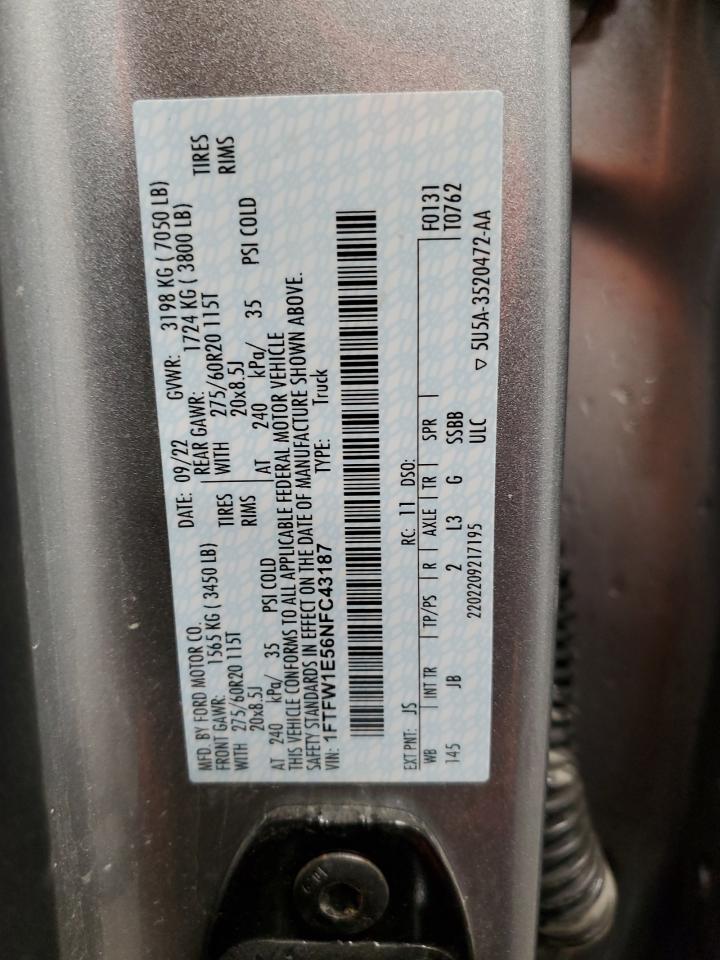 2022 FORD F150 SUPERCREW VIN:1FTFW1E56NFC43187