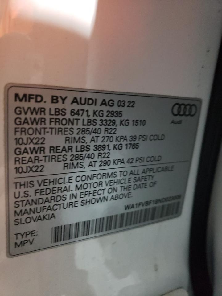 2022 AUDI Q8 PRESTIGE S-LINE VIN:WA1FVBF18ND023009