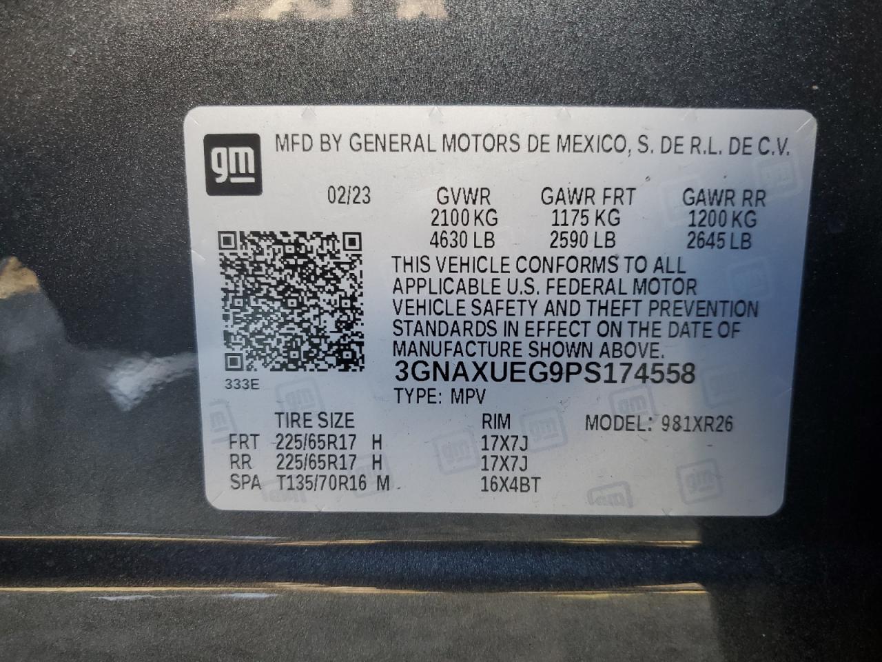 2023 CHEVROLET EQUINOX LT VIN:3GNAXUEG9PS174558