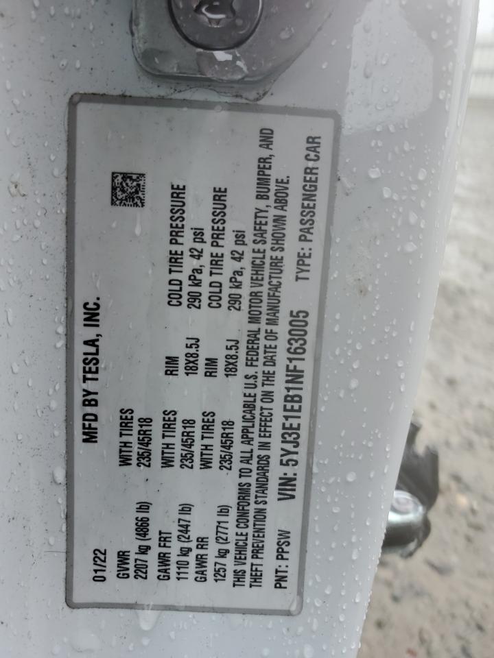 2022 TESLA MODEL 3 VIN:5YJ3E1EB1NF163005