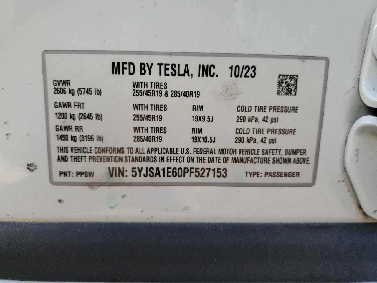 2023 TESLA MODEL S VIN:5YJSA1E60PF527153