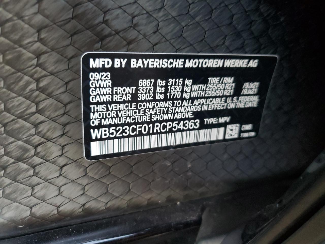 2024 BMW IX XDRIVE50 VIN:WB523CF01RCP54363