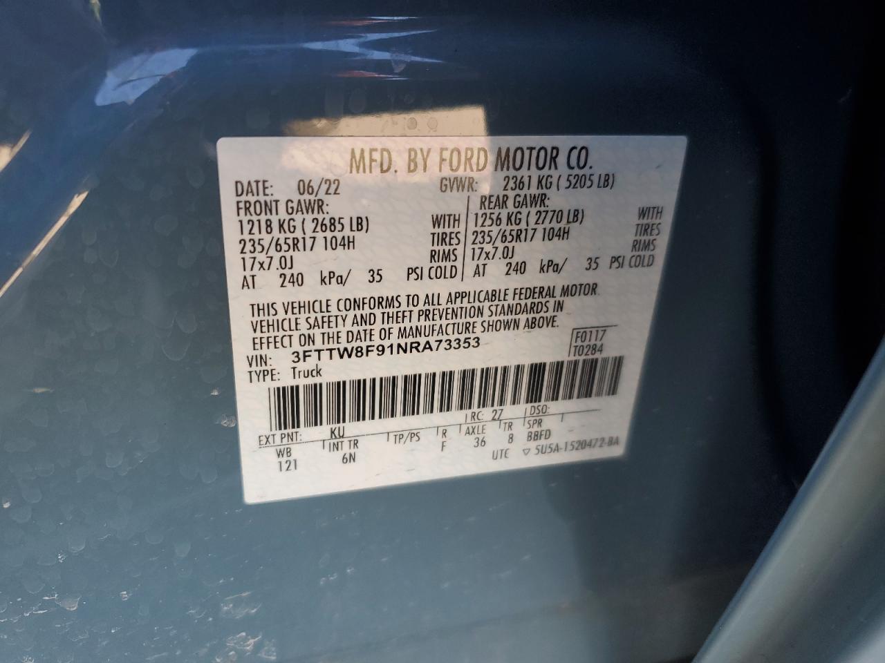 2022 FORD MAVERICK XL VIN:3FTTW8F91NRA73353