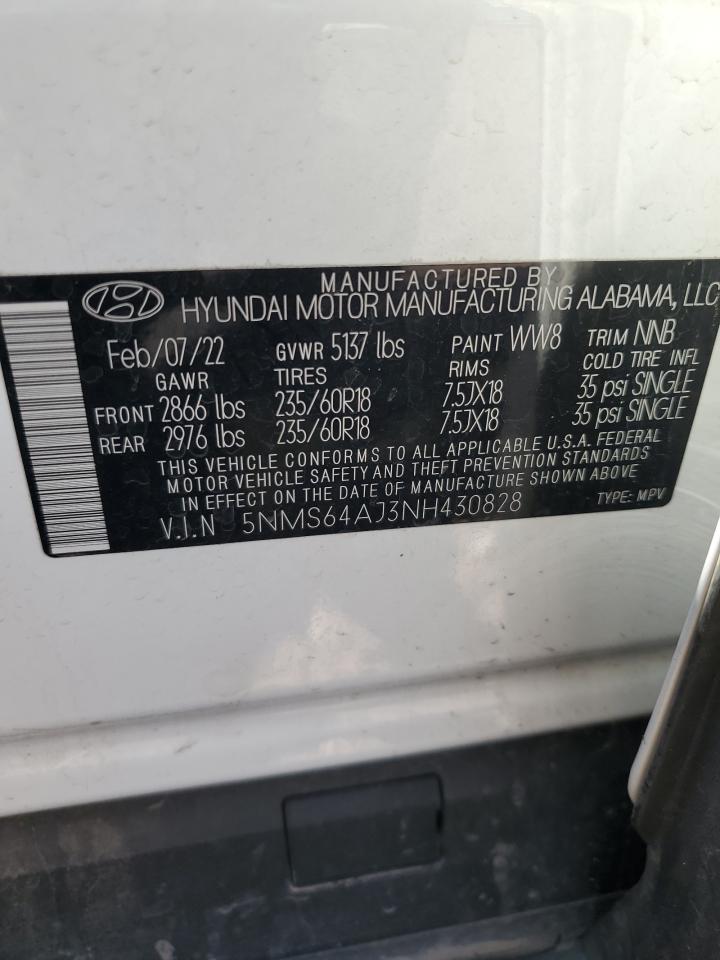 2022 HYUNDAI SANTA FE SEL VIN:5NMS64AJ3NH430828