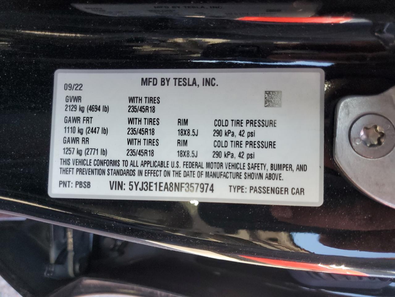 2022 TESLA MODEL 3 VIN:5YJ3E1EA8NF357974
