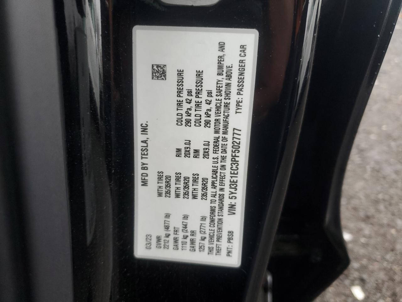 2023 TESLA MODEL 3 VIN:5YJ3E1EC3PF502777