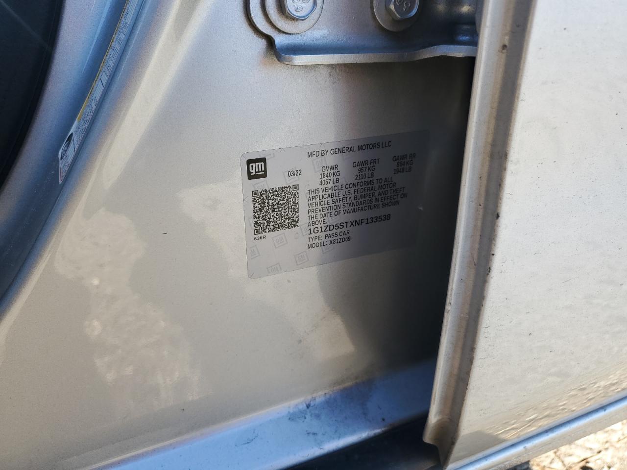 2022 CHEVROLET MALIBU LT VIN:1G1ZD5STXNF133538