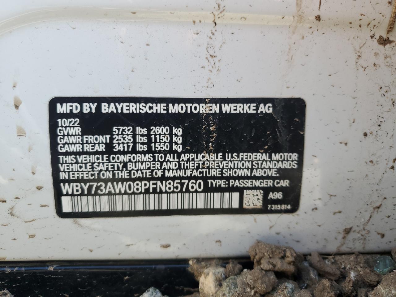 2023 BMW I4 EDRIVE 40 VIN:WBY73AW08PFN85760