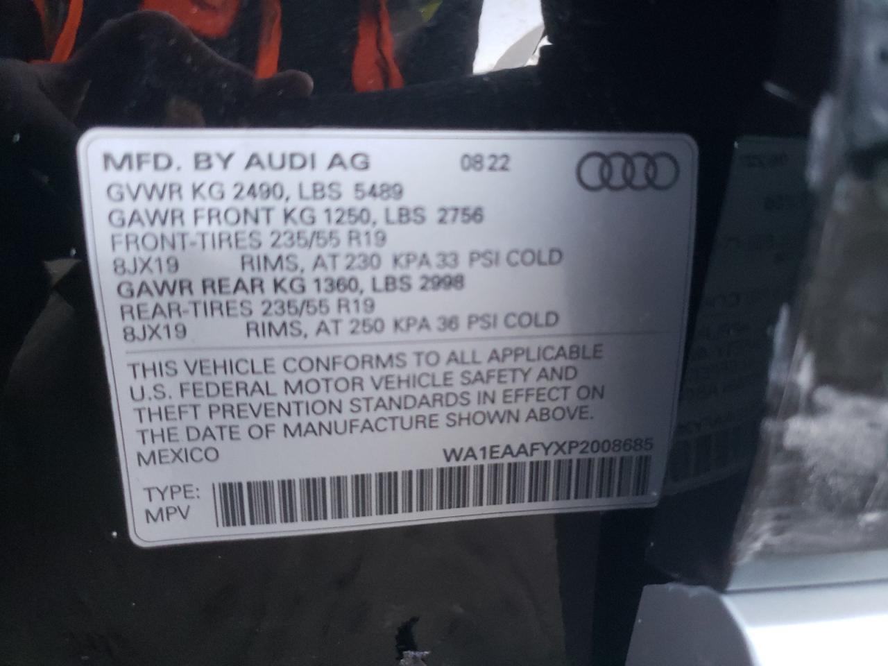 2023 AUDI Q5 PREMIUM PLUS 45 VIN:WA1EAAFYXP2008685