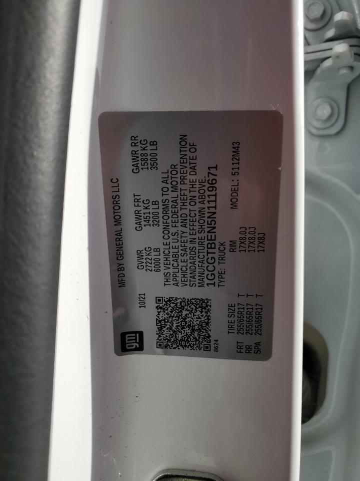 2022 CHEVROLET COLORADO VIN:1GCGTBEN5N1119671