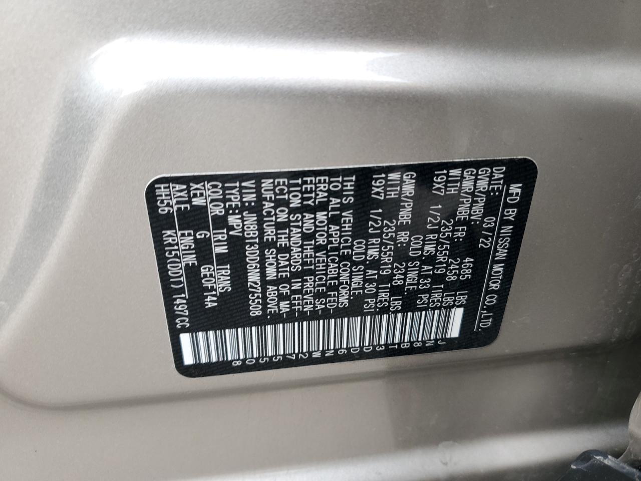 2022 NISSAN ROGUE PLATINUM VIN:JN8BT3DD6NW275508