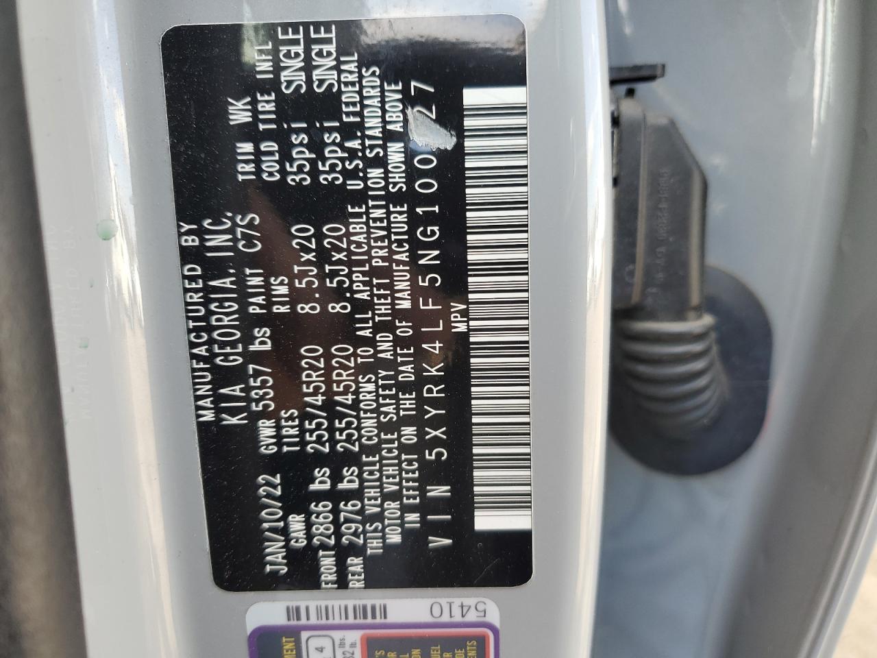 2022 KIA SORENTO SX VIN:5XYRK4LF5NG100427