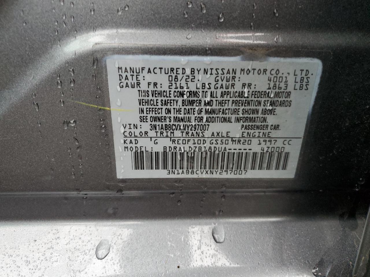 2022 NISSAN SENTRA SV VIN:3N1AB8CVXNY297007