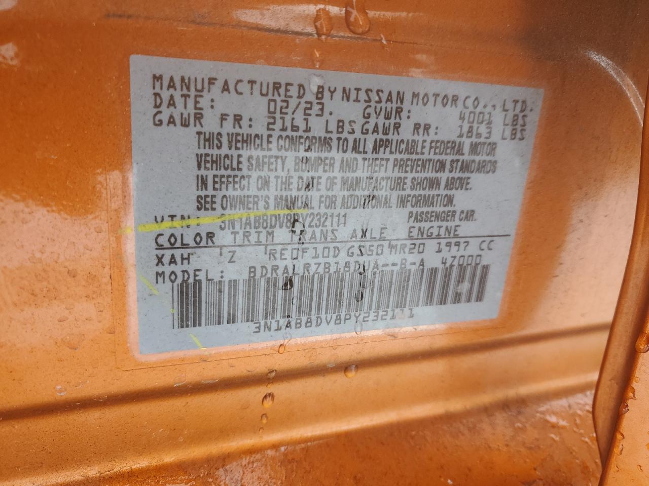 2023 NISSAN SENTRA SR VIN:3N1AB8DV8PY232111
